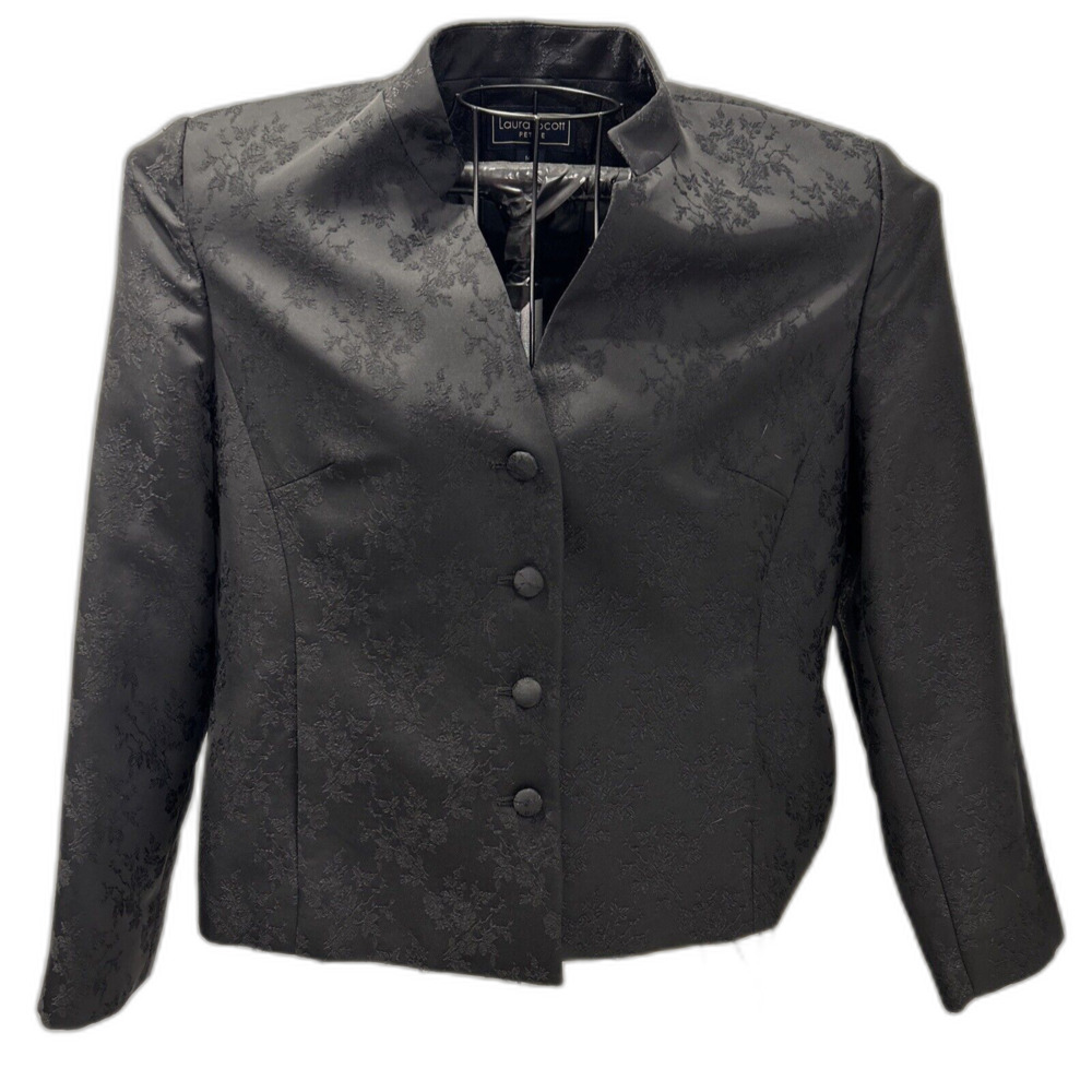 Laura Scott Women Petite 14p Black Jacquard Jacket Blazer Button Front Lined Pad